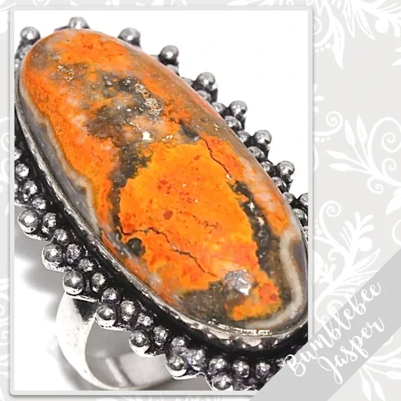 Bumblebee Jasper Large Silver Artisan Ring, Size 10 (Orange, Black / Charcoal)
